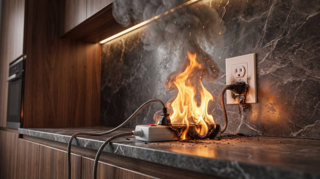 Burning power strip plugged into a wall outlet on a kitchen counter.