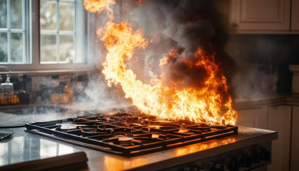 Kitchen stove top engulfed in flames and smoke.