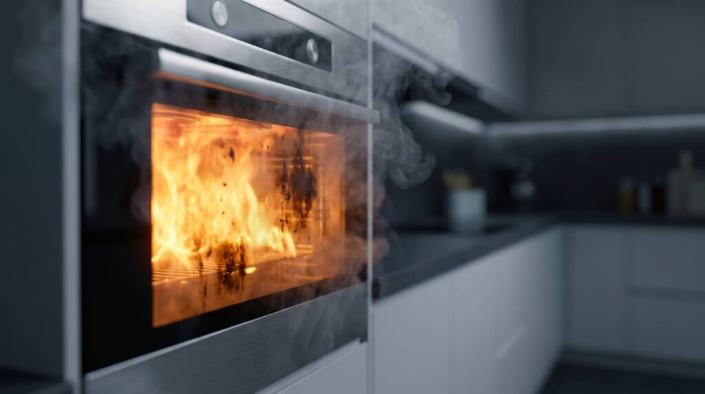 Kitchen oven on fire with flames and smoke.