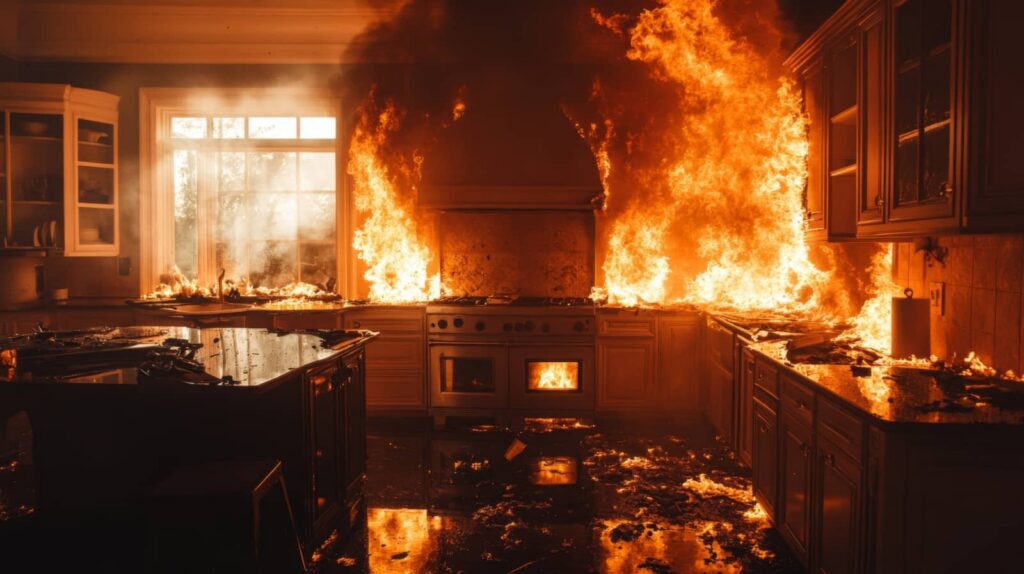 Kitchen engulfed in flames with heavy smoke.