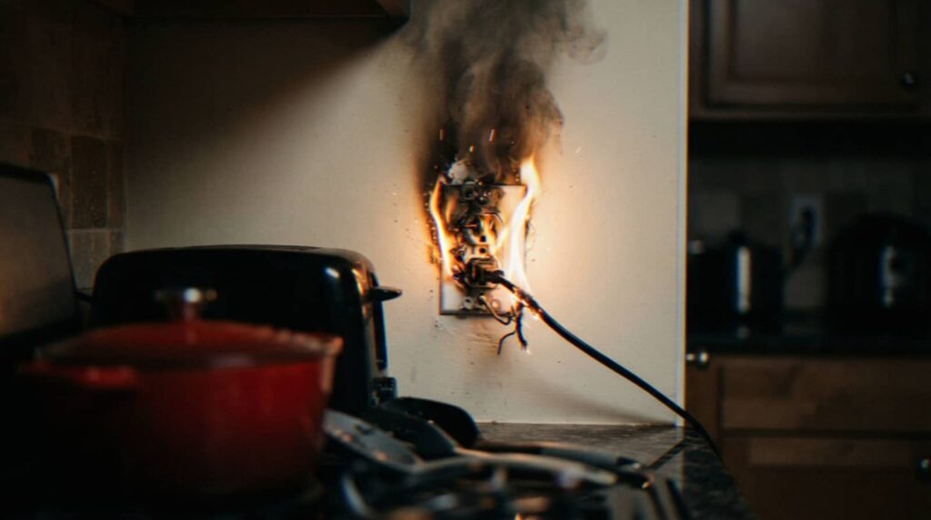 Kitchen outlet on fire with a plugged-in cord.