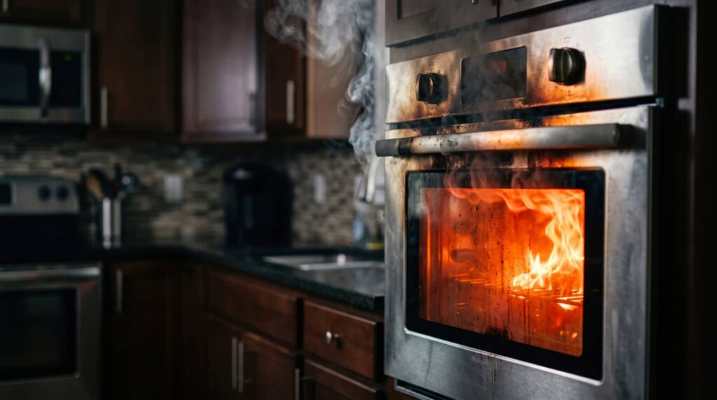Kitchen oven on fire with flames and smoke.