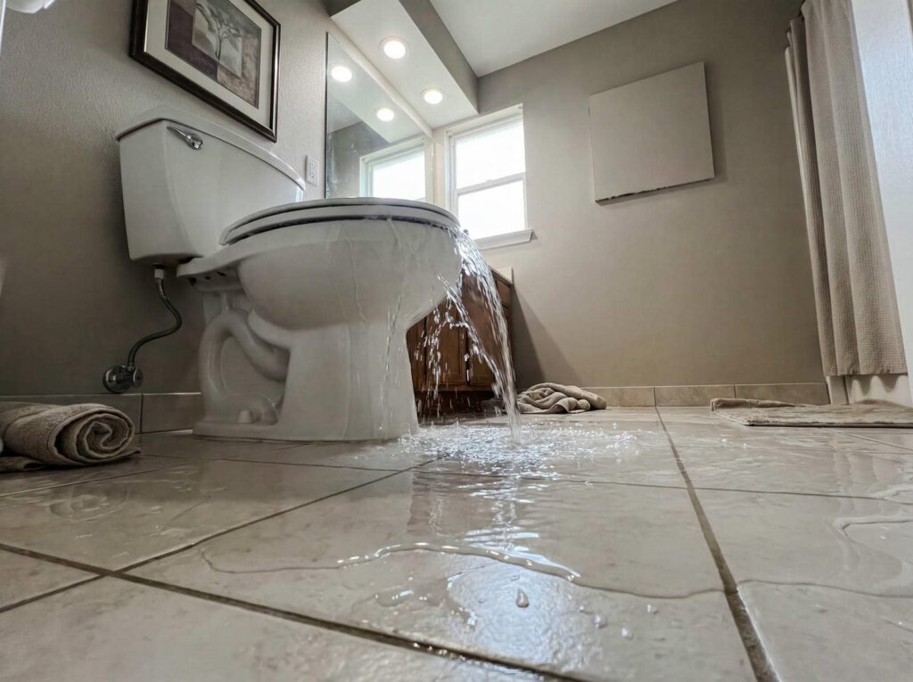 Water overflowing from a toilet onto a tiled bathroom floor.