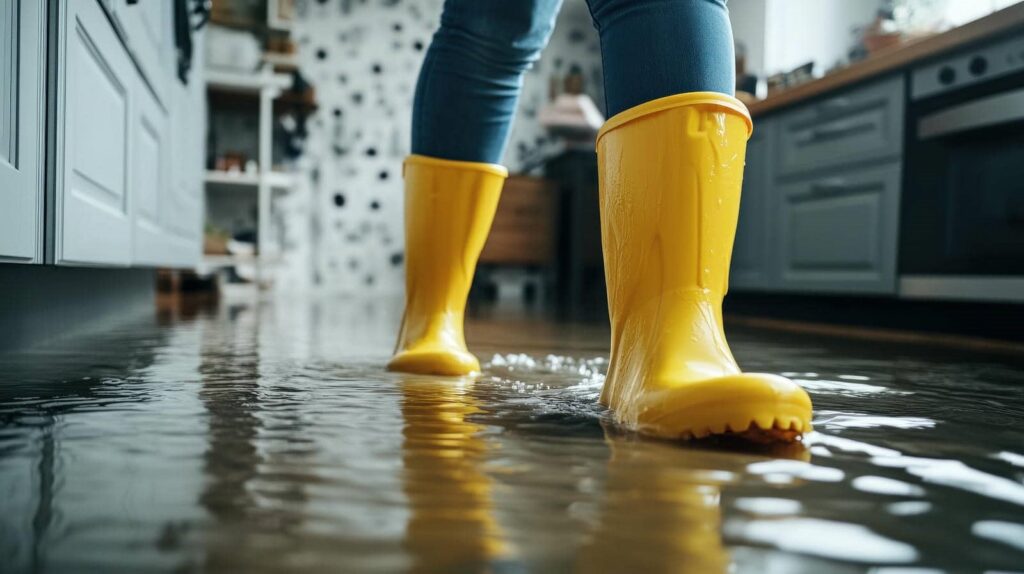 Person wearing yellow rain boots walking through a flooded kitchen floor.