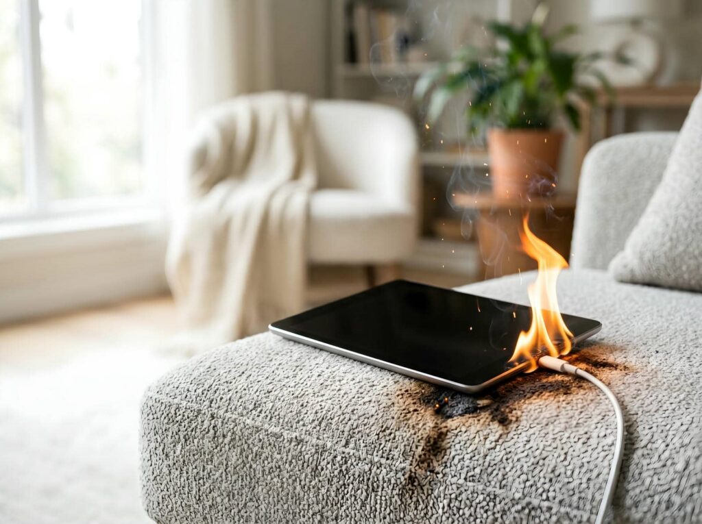 Tablet on fire while charging on a couch, with burn marks on the fabric.