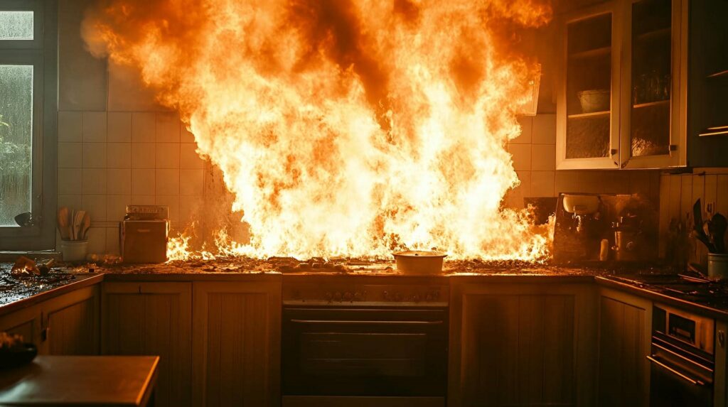 Kitchen stove engulfed in large flames and fire spreading across the countertop.