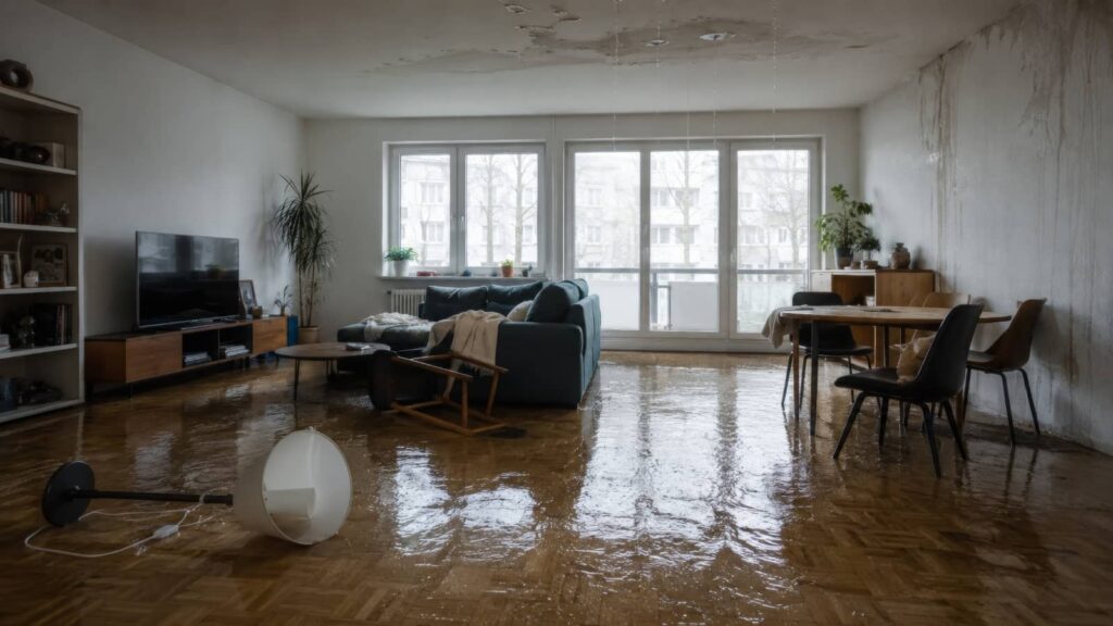 Flooded living room with water covering the floor and ceiling leaks.