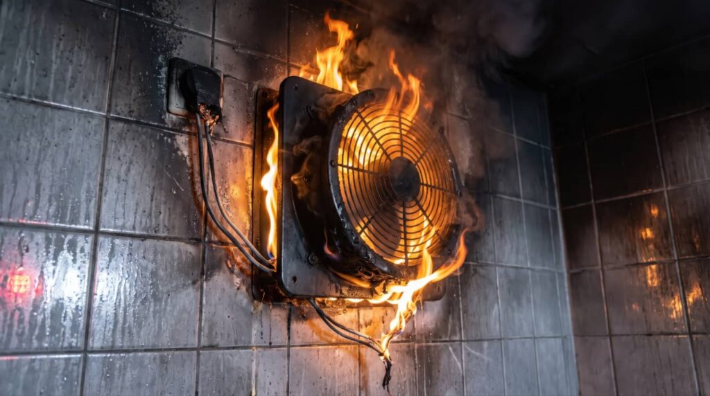 Wall-mounted fan unit burning with flames and smoke.