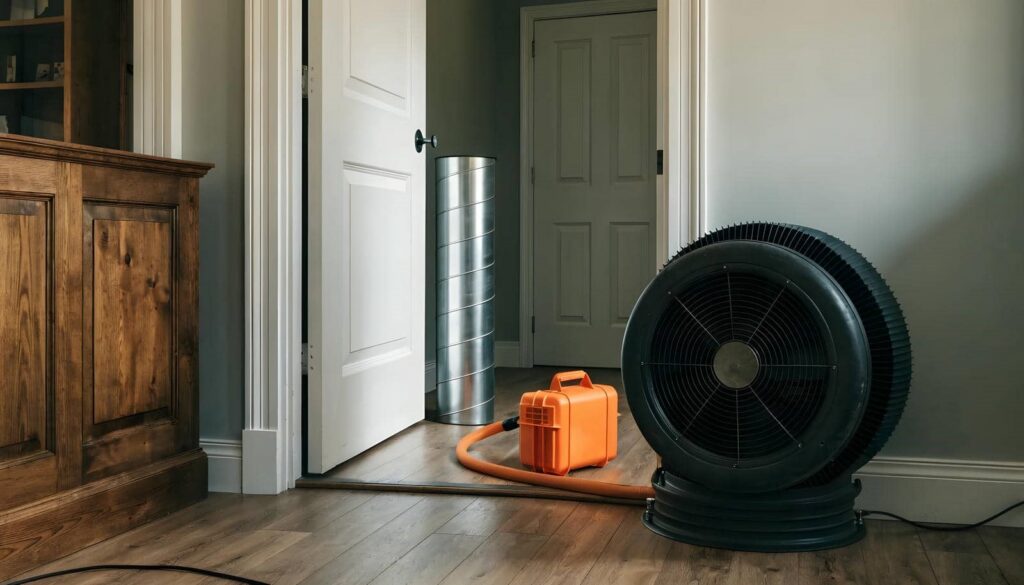 Large black air mover fan and orange blower box connected by hose in a room with wooden floor and white door.