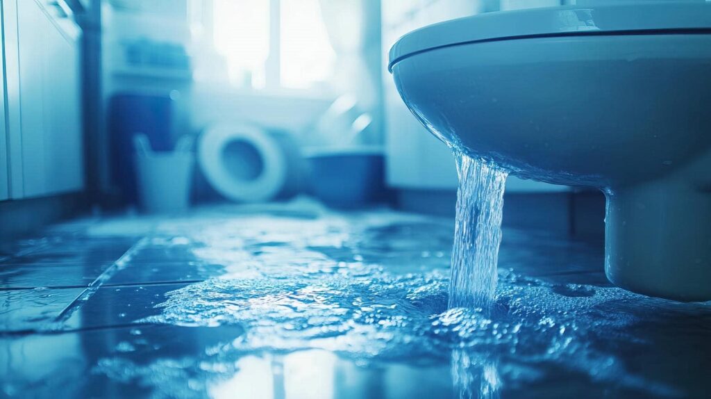Water overflowing from a toilet onto a bathroom floor.