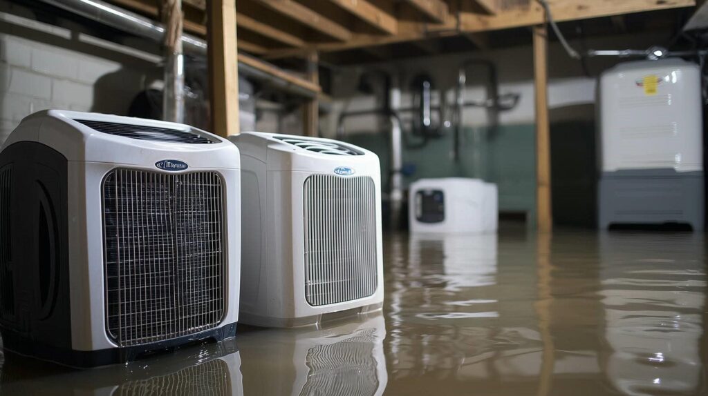 Basement flooded with water partially submerging appliances and equipment.