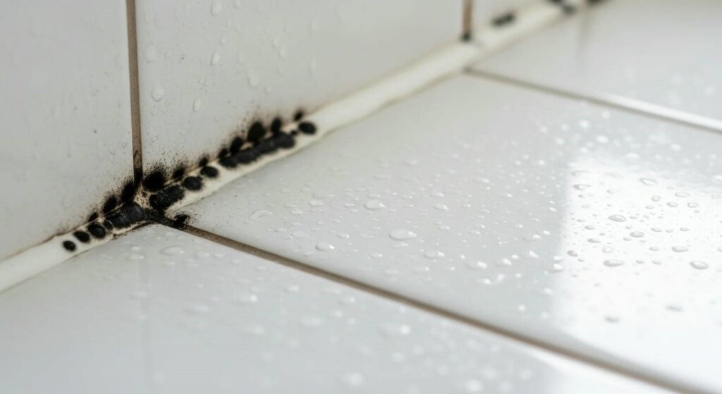 Black mold growing in the corner of white tiled walls and floor with water droplets on the tiles.
