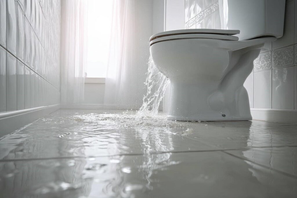 Water overflowing from a leaking toilet onto a tiled bathroom floor.