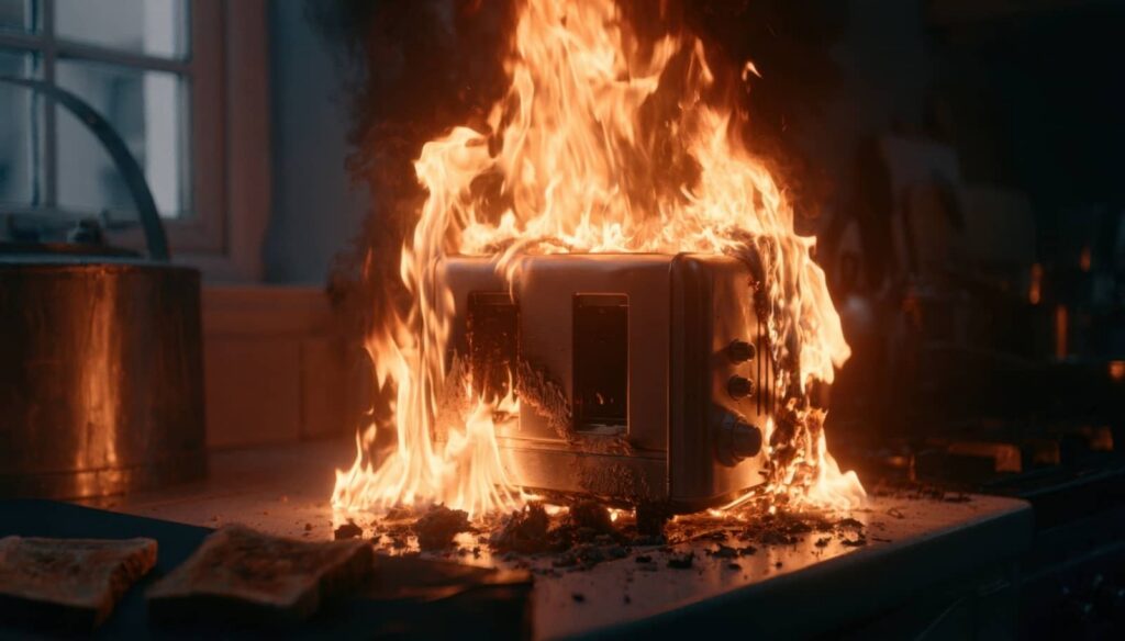 Toaster engulfed in flames on a kitchen counter.