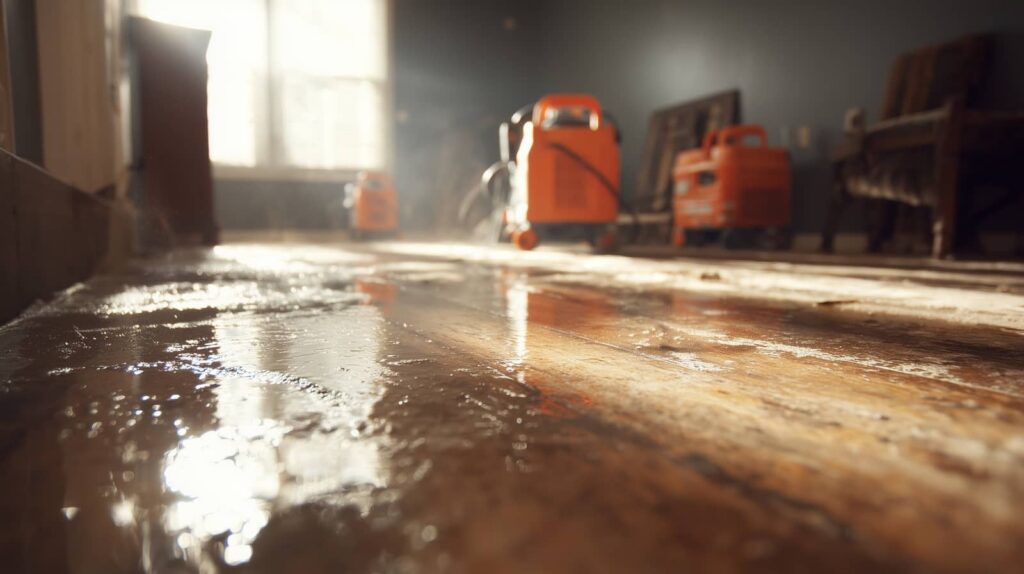 Wet wooden floor with orange cleaning machines in a sunlit room.