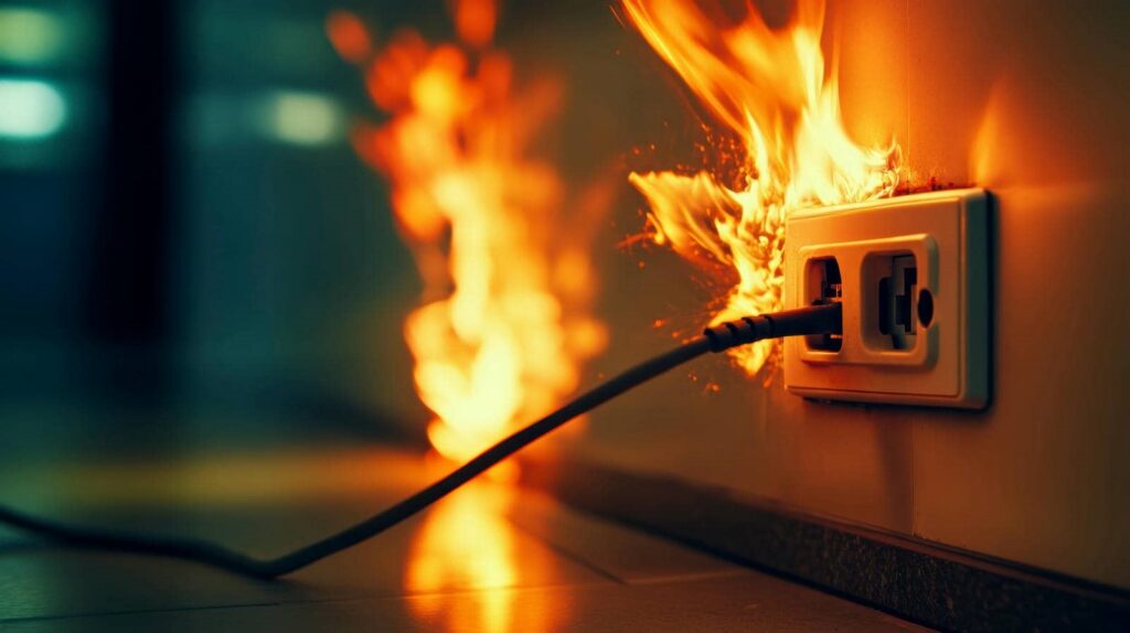 Electrical outlet with a plug on fire, flames spreading on the wall.