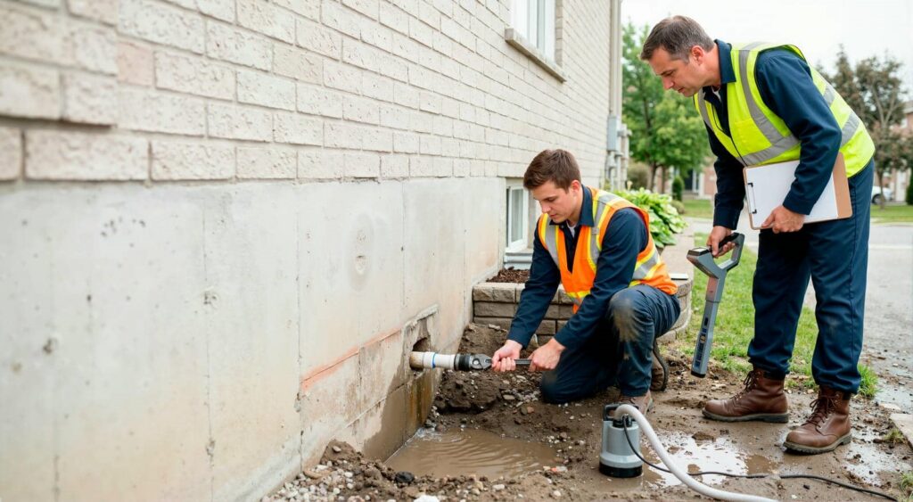 Two workers in safety vests inspect and repair a leaking pipe outside a building.