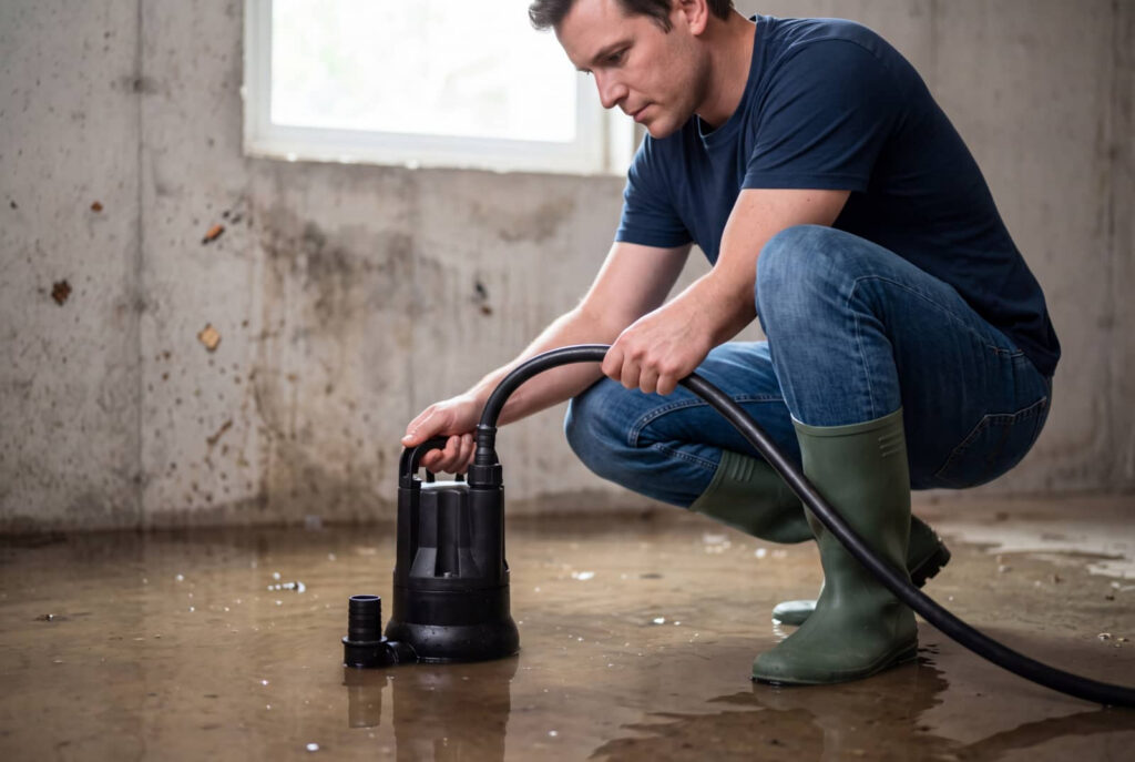 Man crouches in flooded basement using a submersible pump.