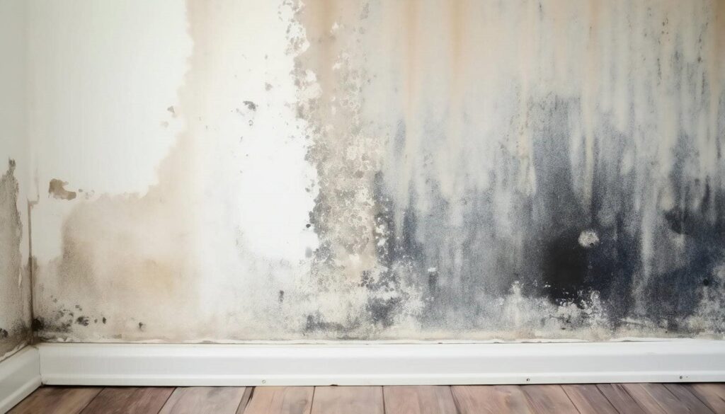 Wall with extensive black mold and water damage above a white baseboard and wooden floor.
