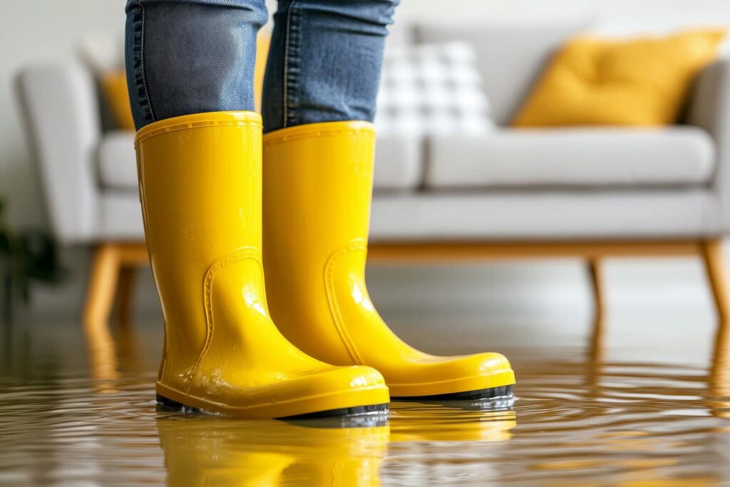 Person wearing yellow rain boots standing in water inside a flooded living room.