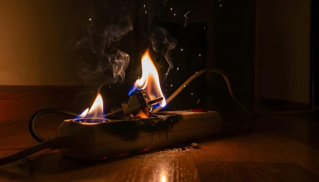 Power strip and plug on fire with smoke and sparks on a wooden floor in a dark room.