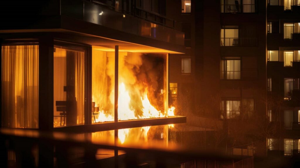 Fire blazing on a balcony of an apartment building at night.