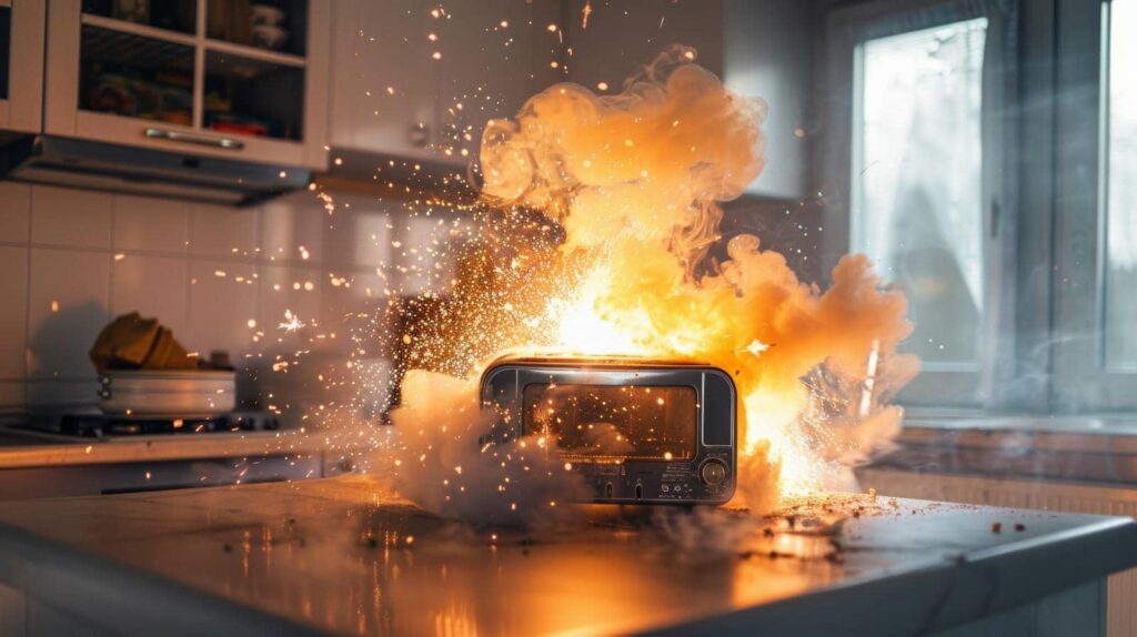A toaster oven exploding with flames and sparks on a kitchen countertop.