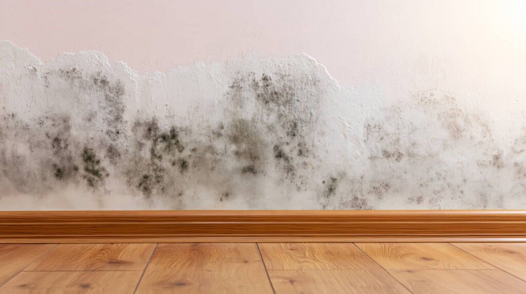 Mold growing on a wall above a wooden baseboard.
