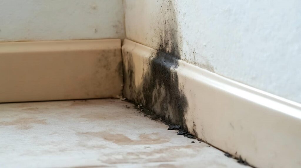 Black mold growing on a corner of a beige baseboard and white wall near a stained floor.