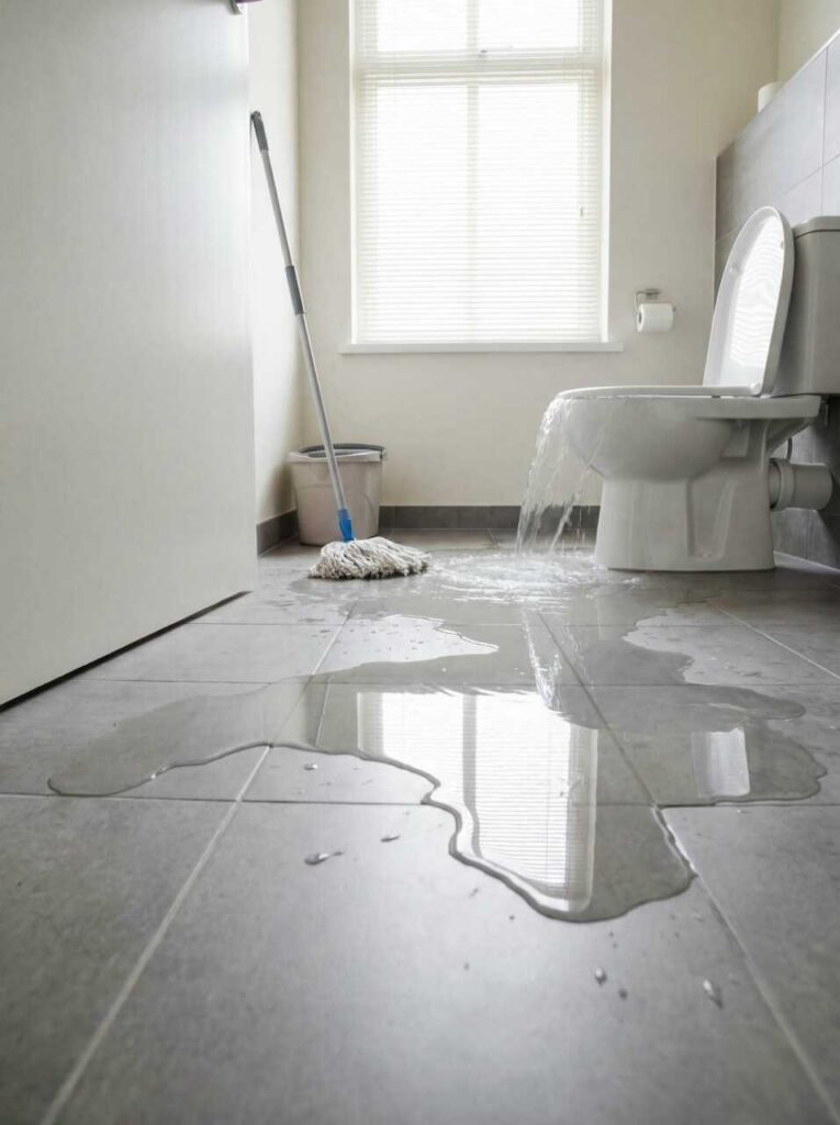 Toilet overflowing with water flooding the bathroom floor next to a mop and bucket.