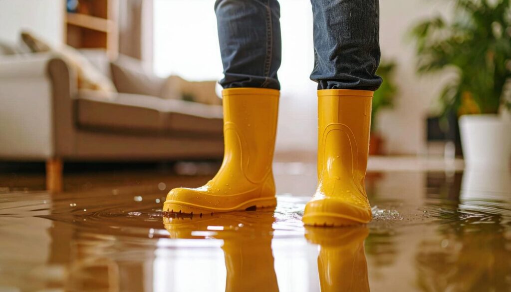 Person wearing yellow rain boots standing in a flooded living room with water on the floor.