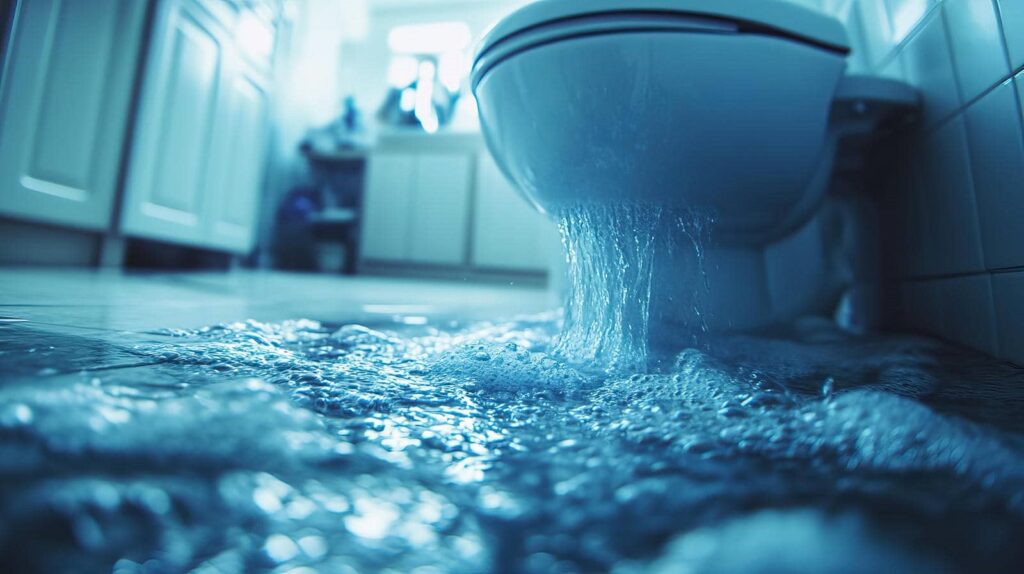 Toilet overflowing with water flooding the bathroom floor.